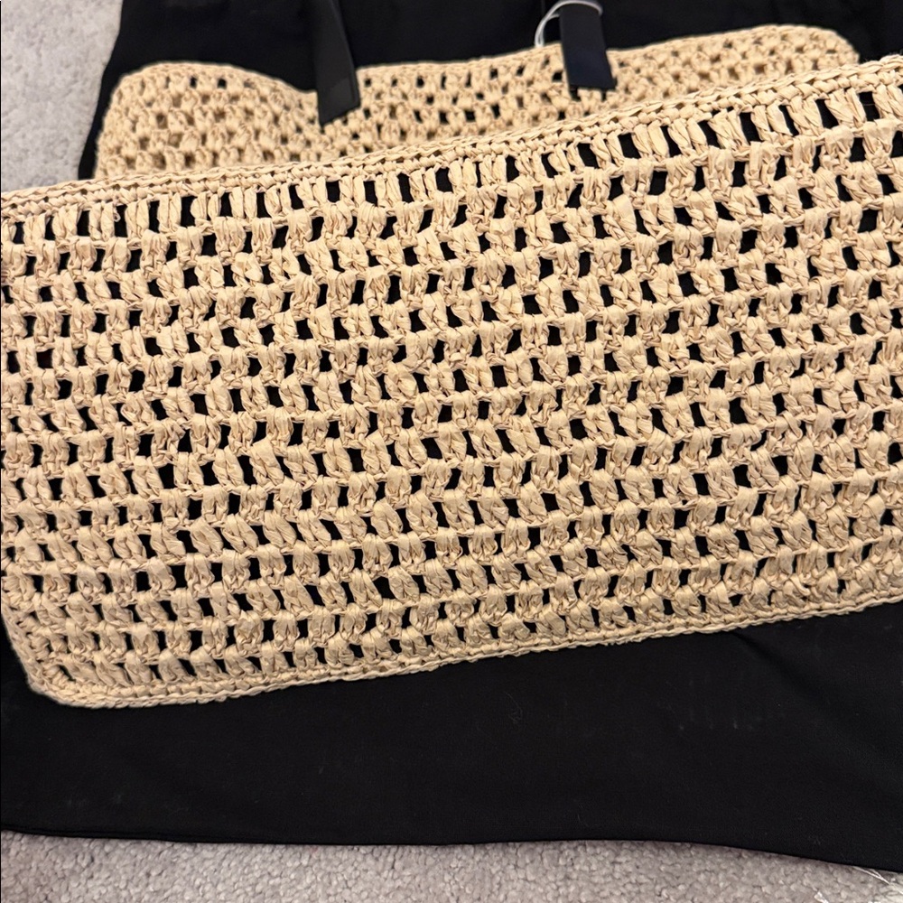 NWT ANINE BING Straw Tote Bag with Black Handles - Beige - Picture 3 of 10